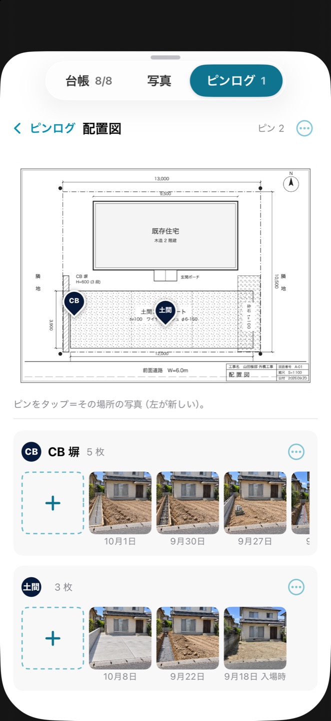 ピンログ。配置図に CB 塀 と 土間 のピン。下にピンごとの写真が日付つきで並ぶ